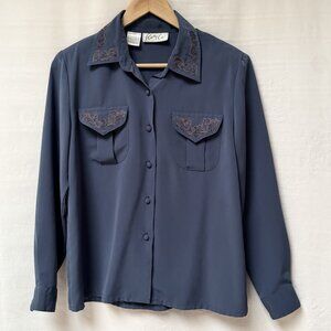 Kathy Che Blouse Women 10 P Embroidered Button Long Sleeve Western Vintage